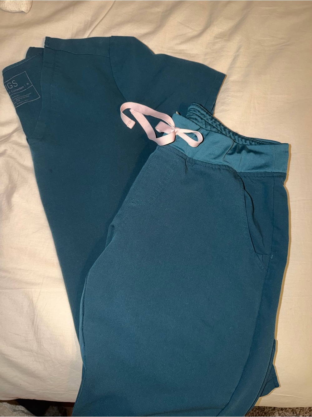 FIGS Teal Scrub Jogger Pants with Light Pink Drawstring
